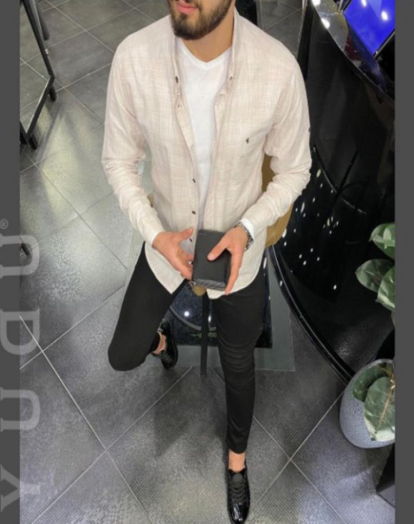 Pamuklu Ekoseli Krem Keten Gömlek