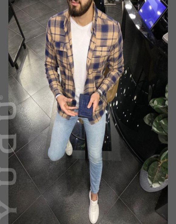 Pamuklu Ekoseli Lacivert-Krem Keten Gömlek