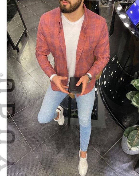 Pamuklu Ekoseli Mercan Rengi Keten Gömlek